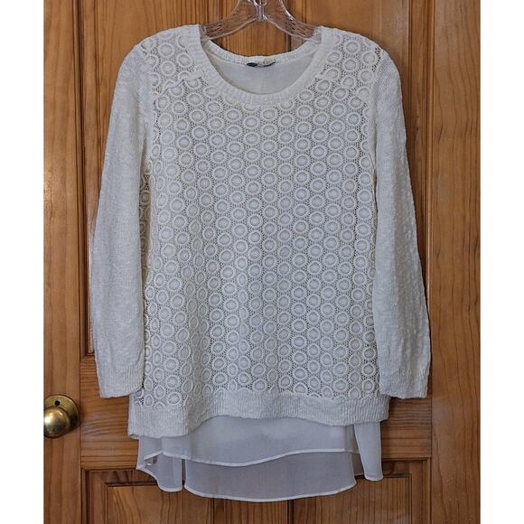 Lucky Brand Sweater Women's Large Cream Crochet Split Back Sheer Minimalist - Picture 1 of 8